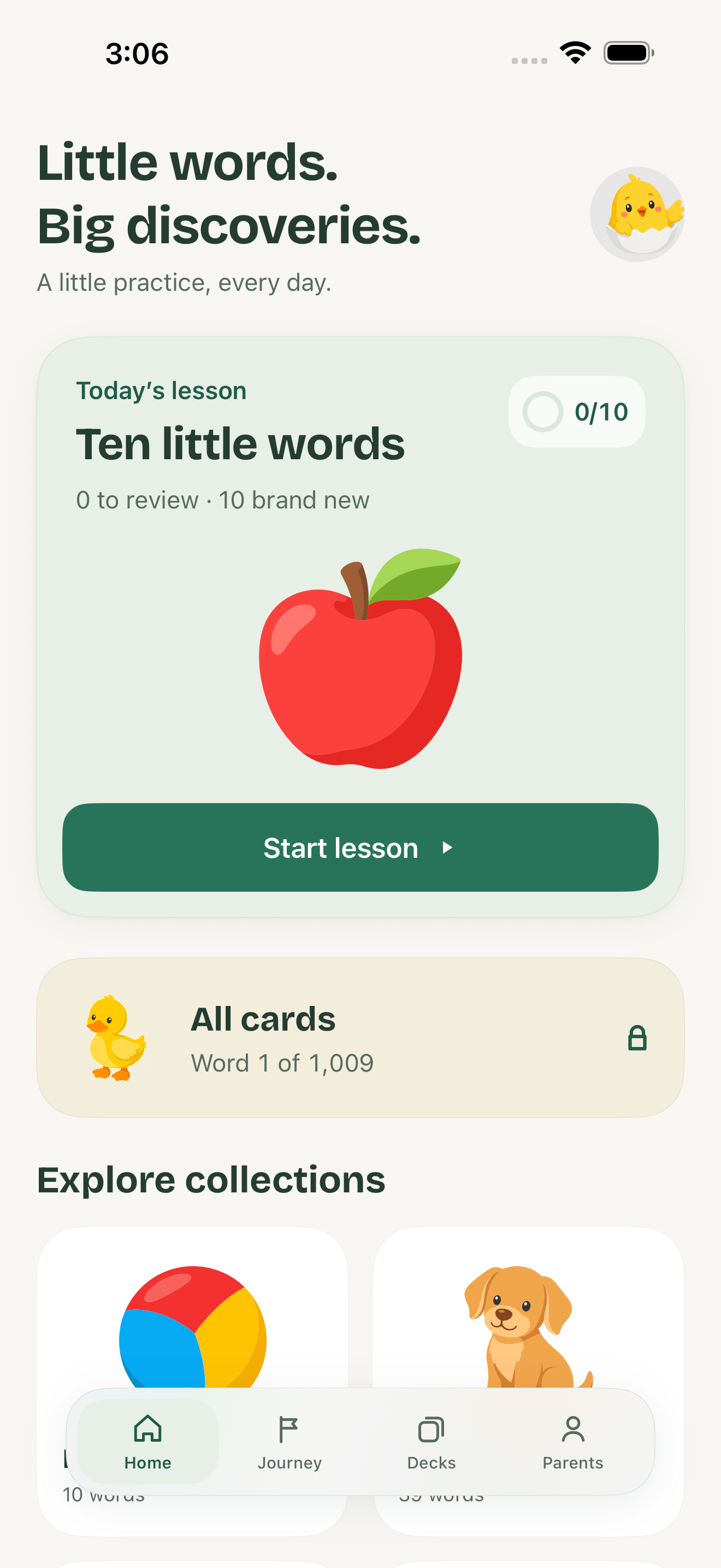 Native app Home screen with today’s ten-word lesson, apple illustration and card collections.