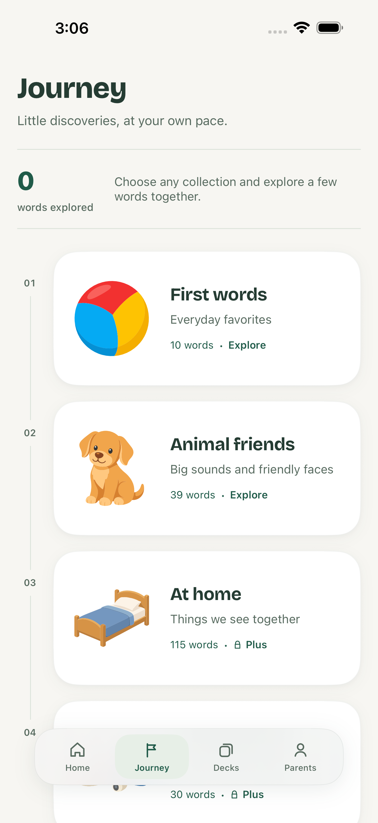 Native learning journey showing First words, Animal friends and At home collections.